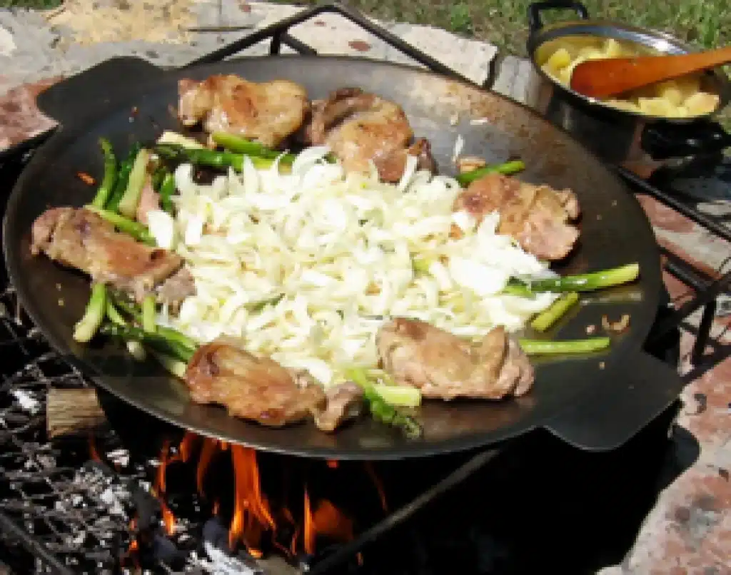 mäso a zelenina pripravované na grilovacom pláte nad otvoreným ohňom