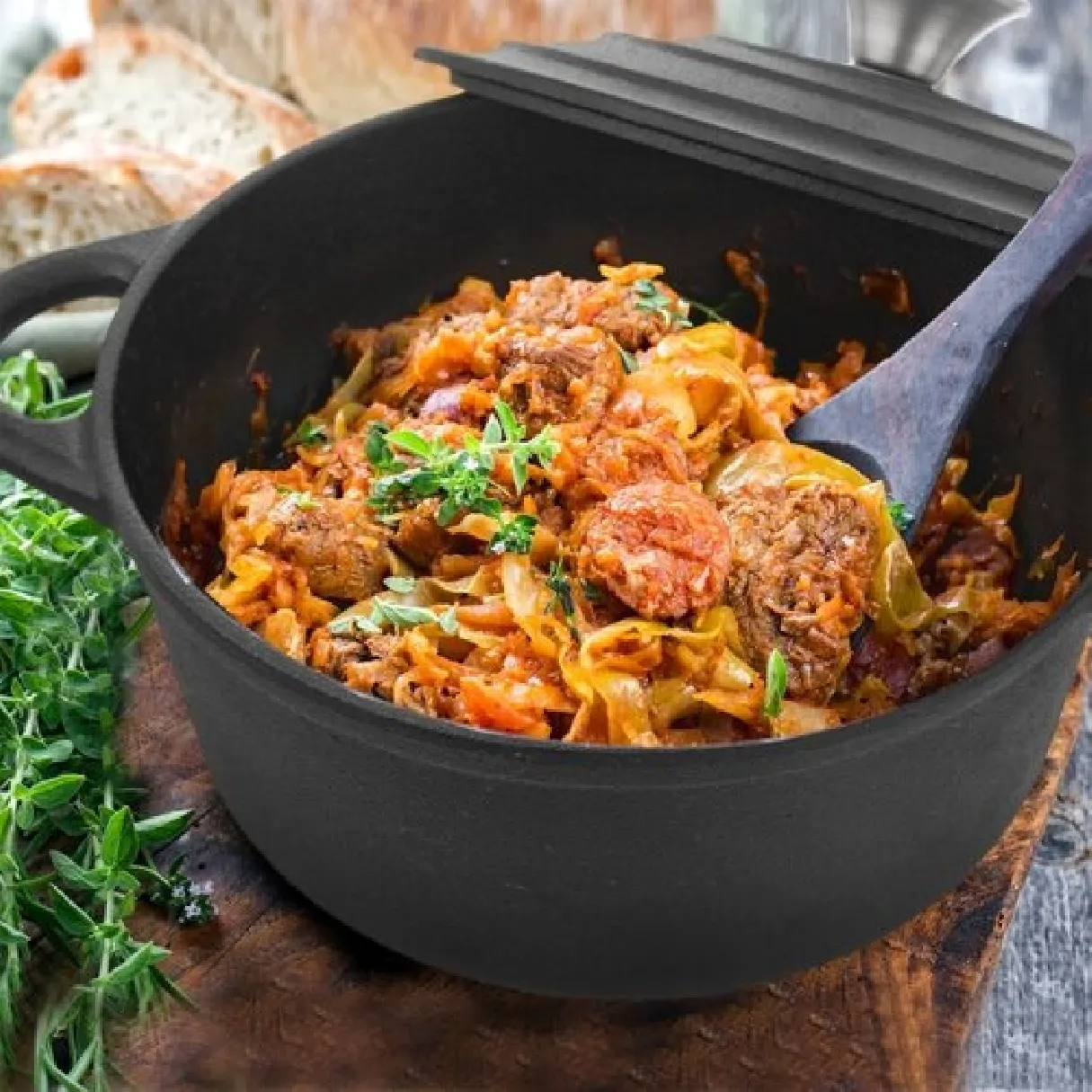 hovädzie dusené v liatinovom hrnci so zeleninou